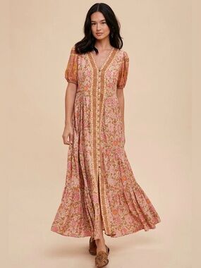 In loom Border Print Button Front Midi Dress DUSTY ROSE